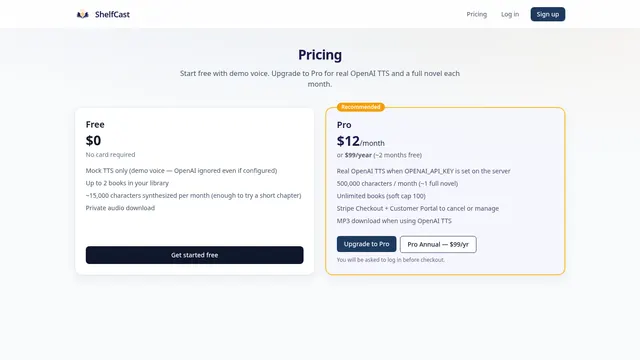ShelfCast pricing page with Free and Pro plans
