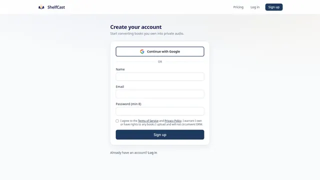 ShelfCast sign-up form