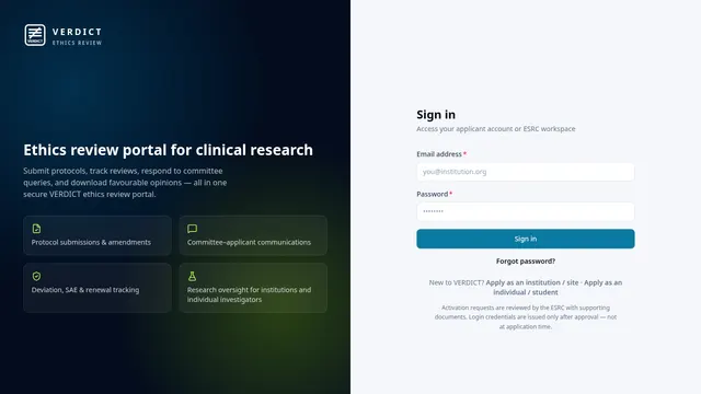 A VERDICT committee sign-in page