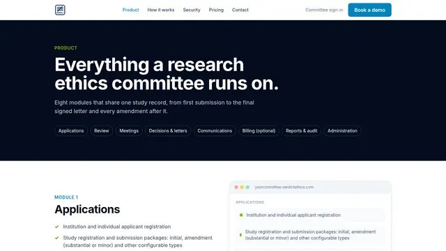 VERDICT product page with its eight modules
